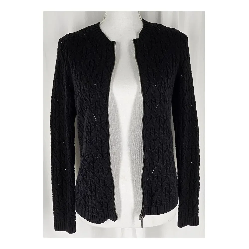 TALBOTS PETITES WOMEN'S KNIT BLACK ZIP UP SWEATER - SIZE SMALL PETITE